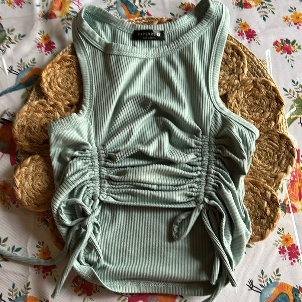 Paperoc Ribbed Ruched Tank Top Small Women NWOT Light Green